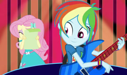 Size: 3000x1773 | Tagged: safe, artist:bigpurplemuppet99, imported from derpibooru, fluttershy, rainbow dash, equestria girls, covering, cute, dashabetes, female, flutterdash, guitar, lesbian, musical instrument, shipping, shy, shyabetes