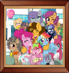 Size: 1153x1215 | Tagged: safe, artist:unoriginai, imported from derpibooru, cheese sandwich, li'l cheese, maud pie, pinkie pie, rainbow dash, scootaloo, oc, oc:celery snap, oc:chicken pot pie, oc:garage rock, oc:geode, oc:monochrome mayhem, oc:party pop, oc:slapstick, oc:sugar crash, oc:sweet potato pie, earth pony, pegasus, pony, the last problem, adopted daughter, baby, baby pony, balloon, blushing, cheesepie, cheesepiedash, crying, cute, family, family photo, family picture, female, flying, lesbian, looking at you, magical lesbian spawn, male, maudwich, next generation, not incest, offspring, older, older cheese sandwich, older pinkie pie, one eye closed, open mouth, parent:cheese sandwich, parent:maud pie, parent:pinkie pie, parent:rainbow dash, parents:cheesepie, parents:maudwich, parents:pinkiedash, picture, picture frame, pinkiedash, polyamory, rubber chicken, scootaloo can fly, shipping, smiling, straight, tears of joy, tongue out, twins, wink