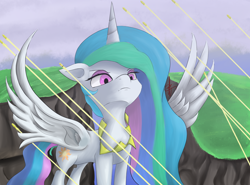 Size: 2126x1573 | Tagged: safe, artist:guatergau5, imported from derpibooru, princess celestia, alicorn, bullet, dodge, frown, spread wings, tree, unamused, wings