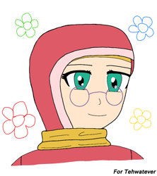 Size: 720x811 | Tagged: safe, artist:gameplay the pony, derpibooru exclusive, imported from derpibooru, desert flower, human, pony, anime style, background pony, clothes, colored, digital art, female, flower, for:tehwatever, gift art, glasses, hijab, humanized, scarf, smiling, solo, somnambula resident