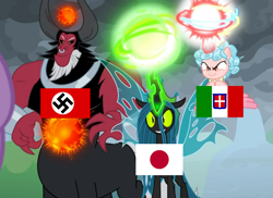 Size: 1592x1156 | Tagged: safe, imported from derpibooru, cozy glow, lord tirek, queen chrysalis, centaur, changeling, changeling queen, pony, taur, axis, eqg flag-tag meme, female, germany, italy, japan, nazi, nazi germany, swastika, ultimate chrysalis, world war ii