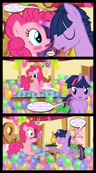 Size: 1280x2300 | Tagged: safe, artist:bigsnusnu, imported from derpibooru, pinkie pie, spike, twilight sparkle, dragon, earth pony, unicorn, comic:dusk shine in pursuit of happiness, balloon, bed, blushing, burned food, dusk shine, food, half r63 shipping, pie, rule 63, shipping, suprised look, surprised