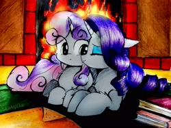 Size: 3071x2303 | Tagged: safe, artist:liaaqila, imported from derpibooru, rarity, sweetie belle, pony, unicorn, book, cheek kiss, commission, cute, diasweetes, duo, eye clipping through hair, female, filly, fire, fireplace, high res, kiss on the cheek, kissing, mare, platonic kiss, raribetes, sibling love, siblings, sisterly love, sisters, sweetielove, traditional art