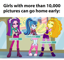 Size: 944x884 | Tagged: safe, edit, edited screencap, imported from derpibooru, screencap, adagio dazzle, aria blaze, sonata dusk, derpibooru, equestria girls, rainbow rocks, eyes closed, female, food, grin, happy, meta, open mouth, sad, smiling, stars, tags, the dazzlings, unamused