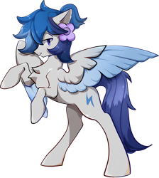 Size: 1197x1338 | Tagged: artist needed, safe, artist:左左, imported from derpibooru, oc, oc only, oc:zephyrpony, pegasus, pony, derpibooru community collaboration, 2021 community collab, flower, flower on ear, rearing, simple background, solo, transparent background, two toned wings, wings