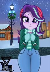 Size: 1300x1872 | Tagged: safe, artist:theretroart88, imported from derpibooru, starlight glimmer, equestria girls, beverage, building, chocolate, christmas, christmas lights, city, clothes, cup, cute, drink, female, food, glimmerbetes, gloves, hat, holiday, hot chocolate, lamp post, lamppost, looking at you, pants, path, santa hat, scarf, smiling, snow, snowfall, solo, striped scarf, winter, wreath