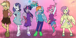 Size: 2095x1041 | Tagged: safe, artist:ambris, edit, imported from derpibooru, applejack, fluttershy, pinkie pie, rainbow dash, rarity, twilight sparkle, alicorn, anthro, earth pony, pegasus, unguligrade anthro, unicorn, my little pony: pony life, balloon, clothes, female, g4.5, gritted teeth, hand on hip, implied equestria girls, logo, looking at you, mane six, my little pony logo, open mouth, smiling, socks, sparkles, trace, twilight sparkle (alicorn)