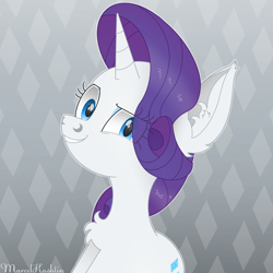 Size: 1112x1112 | Tagged: safe, artist:reziepony, imported from derpibooru, rarity, pony, unicorn, blue eyes, chest fluff, ear fluff, gray background, horn, looking at you, mane, purple mane, signature, simple background, smiling, smiling at you