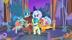 Size: 1366x768 | Tagged: safe, imported from derpibooru, screencap, gallus, ocellus, sandbar, silverstream, smolder, yona, changedling, changeling, classical hippogriff, dragon, earth pony, griffon, hippogriff, pony, yak, she's all yak, bow, bowtie, cloven hooves, colored hooves, cute, diaocelles, diastreamies, dragoness, female, flying, gallabetes, group hug, hair bow, hug, jewelry, male, monkey swings, necklace, raised hoof, sandabetes, smolderbetes, spread wings, student six, teenager, wings, yonadorable