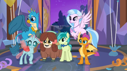 Size: 1366x768 | Tagged: safe, imported from derpibooru, screencap, gallus, ocellus, sandbar, silverstream, smolder, yona, changedling, changeling, classical hippogriff, dragon, earth pony, griffon, hippogriff, pony, yak, she's all yak, arms, bow, bowtie, cloven hooves, colored hooves, confused, dragoness, female, flying, hair bow, jewelry, male, monkey swings, necklace, raised eyebrow, spread wings, student six, teenager, wings