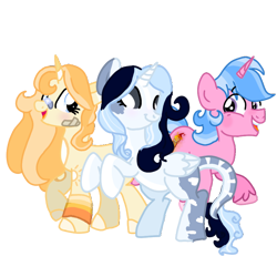 Size: 800x800 | Tagged: safe, artist:daylightsketch, imported from derpibooru, oc, oc only, oc:banana, oc:daylight sketch, oc:skya, alicorn, unicorn, derpibooru community collaboration, 2021 community collab, alicorn oc, female, happy, horn, male, mare, rearing, simple background, stallion, standing, transparent background, wings