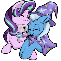 Size: 2971x2972 | Tagged: safe, artist:gleamydreams, imported from derpibooru, starlight glimmer, trixie, blanket, cape, clothes, female, hat, i mean i see, lesbian, mare, shipping, simple background, startrix, transparent background, trixie's cape, trixie's hat