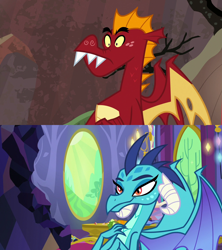 Size: 1280x1440 | Tagged: safe, edit, edited screencap, imported from derpibooru, screencap, garble, princess ember, sweet and smoky, triple threat, aroused, bite mark, comparison, emble, female, hand on chest, male, shipping, shipping domino, smiling, straight, surprised, twilight's castle