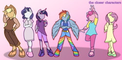 Size: 2062x1017 | Tagged: safe, artist:ambris, artist:muhammad yunus, artist:tanahgrogot, edit, imported from derpibooru, applejack, fluttershy, pinkie pie, rainbow dash, rarity, twilight sparkle, alicorn, anthro, pegasus, unguligrade anthro, unicorn, applejack's hat, clothes, cowboy hat, female, gradient background, hat, mane six, mare, no face, trace, twilight sparkle (alicorn)