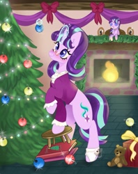 Size: 1621x2048 | Tagged: safe, artist:pineappleartz, imported from derpibooru, snowfall frost, starlight glimmer, pony, unicorn, christmas, christmas tree, clothes, decorating, doll, fireplace, glasses, glowing horn, hearth's warming doll, holiday, horn, present, toy, tree