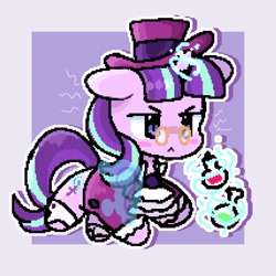 Size: 2048x2048 | Tagged: safe, artist:epic_gamerpone, imported from derpibooru, snowfall frost, starlight glimmer, pony, unicorn, clothes, glasses, glowing horn, hat, horn, pixel art, potion, solo, top hat