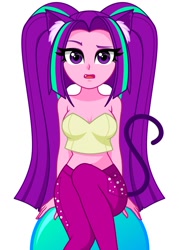 Size: 1087x1519 | Tagged: safe, artist:rosemile mulberry, imported from derpibooru, aria blaze, cat, equestria girls, adorasexy, ariabetes, bare shoulders, breasts, busty aria blaze, cat ears, cat tail, catgirl, cleavage, clothes, crossed legs, curvy, cute, cute little fangs, fangs, female, looking at you, midriff, open mouth, raised eyebrow, sexy, short shirt, sitting, sleeveless, solo, strapless, thighs, tube top, wide hips