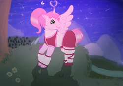 Size: 2997x2080 | Tagged: safe, artist:muhammad yunus, artist:tanahgrogot, derpibooru exclusive, imported from derpibooru, alicorn, pony, aelita schaeffer, base used, clothes, code lyoko, cute, female, flower, g1, heart eyes, heart lights, light, mare, moon, mountain, night, ponified, smiling, solo, tree, wingding eyes