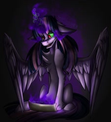 Size: 1024x1134 | Tagged: safe, artist:starsketchmeh, imported from derpibooru, twilight sparkle, alicorn, pony, blood, corrupted twilight sparkle, dark magic, glowing horn, gray background, horn, letter, magic, nosebleed, photo, redraw, scroll, simple background, solo, sombra eyes, teary eyes, twilight sparkle (alicorn)