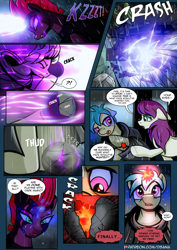 Size: 2480x3508 | Tagged: safe, artist:dsana, imported from derpibooru, fizzlepop berrytwist, tempest shadow, oc, oc:fireweed, oc:thistledown, earth pony, pony, unicorn, comic:a storm's lullaby, artifact, broken horn, brother and sister, cloak, clothes, comic, dark magic, explosion, female, glowing eyes, hitting, horn, magic, male, out of nowhere, scar, siblings