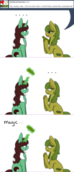 Size: 1280x2960 | Tagged: safe, artist:kaggy009, imported from derpibooru, oc, oc only, oc:peppermint pattie (unicorn), pony, ask peppermint pattie, female, food, magic, mare, pickle