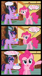 Size: 1280x2300 | Tagged: safe, artist:bigsnusnu, imported from derpibooru, pinkie pie, twilight sparkle, earth pony, pony, unicorn, comic:dusk shine in pursuit of happiness, 4th wall break, breaking the fourth wall, cupcake, dusk shine, food, fourth wall, half r63 shipping, implied harem, rule 63, shipping