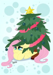 Size: 1920x2716 | Tagged: safe, artist:julunis14, imported from derpibooru, fluttershy, butterfly, pegasus, pony, christmas, christmas tree, cute, digital, hiding, holiday, shyabetes, signature, simple background, tree