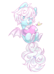 Size: 1280x1744 | Tagged: safe, artist:cloud-fly, artist:system-destroyer, artist:technodjent, imported from derpibooru, oc, oc only, bat pony, pony, chibi, collaboration, commission, eye clipping through hair, heart, looking at you, one eye closed, simple background, smiling, solo, spread wings, tongue out, transparent background, wings, wink, ych result