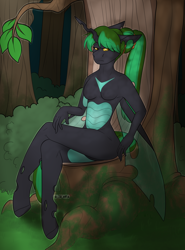 Size: 2000x2700 | Tagged: safe, artist:dreamy, artist:lionbun, artist:littledreamycat, imported from derpibooru, oc, oc only, oc:alenathys, anthro, changeling, changeling queen, changeling oc, commission, female, forest, solo, tree stump