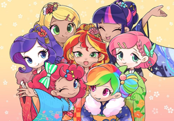 Size: 800x561 | Tagged: safe, artist:chs_spxrkle, artist:ikirunosindo, edit, editor:michaelsety, imported from derpibooru, applejack, fluttershy, kimono, pinkie pie, rainbow dash, rarity, sci-twi, sunset shimmer, twilight sparkle, equestria girls, alternate hairstyle, barrette, clothes, cute, dashabetes, diapinkes, eyes closed, female, flower, flower in hair, human coloration, humane five, humane seven, humane six, jackabetes, kimono (clothing), looking at you, one eye closed, open mouth, raribetes, shimmerbetes, shyabetes, smiling, twiabetes, wink