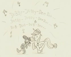 Size: 800x641 | Tagged: safe, artist:grivous, imported from derpibooru, applejack, banjo, crossover, friendshipping, music notes, musical instrument, singing, traditional art, wander (wander over yonder), wander over yonder