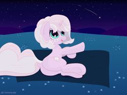 Size: 4000x3000 | Tagged: safe, artist:marshmallowfluff, imported from derpibooru, oc, oc only, oc:marshmallow fluff, pony, unicorn, dock, explicit source, female, freckles, shooting star, solo, solo female