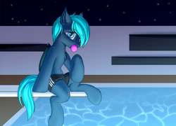 Size: 3125x2250 | Tagged: safe, artist:snowstormbat, imported from derpibooru, oc, oc only, oc:guttatus, bat pony, pony, chewing gum, clothes, looking at you, male, sitting, solo, stallion, swimming pool, swimming trunks, swimsuit, water