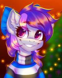 Size: 1320x1657 | Tagged: safe, artist:falafeljake, imported from derpibooru, oc, oc only, earth pony, pony, blushing, bow, christmas, christmas tree, clothes, ear fluff, eye clipping through hair, female, hair bow, holiday, looking at you, mare, smiling, solo, sweater, tree