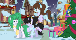 Size: 2844x1500 | Tagged: safe, artist:stellamoonshine, artist:stellamoonshineyt, imported from derpibooru, oc, oc:cotton star, oc:diana paintbrush, pegasus, pony, unicorn, christmas, christmas tree, clothes, female, holiday, mare, scarf, snow, tree