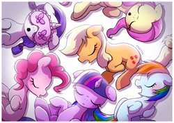 Size: 1457x1032 | Tagged: safe, artist:mochi_nation, imported from derpibooru, applejack, fluttershy, pinkie pie, rainbow dash, rarity, twilight sparkle, alicorn, earth pony, pegasus, pony, unicorn, background, cute, daaaaaaaaaaaw, dashabetes, diapinkes, eyes closed, jackabetes, mane six, open mouth, raribetes, shyabetes, simple background, sleep mask, sleeping, smol, twiabetes, twilight sparkle (alicorn), white background