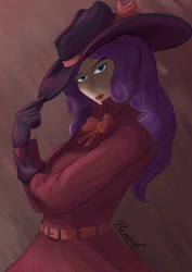 Size: 1240x1754 | Tagged: safe, artist:reminic, imported from derpibooru, rarity, human, alternate hairstyle, belt, blue eyeshadow, bowtie, clothes, coat, detective rarity, eyeshadow, fedora, female, gloves, hat, humanized, lipstick, makeup, red lipstick, solo