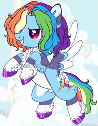 Size: 767x985 | Tagged: safe, artist:malinraf1615, imported from derpibooru, rainbow dash, pegasus, pony, alternate hairstyle, chest fluff, cloud, female, flying, grin, leg fluff, mare, markings, raised hoof, redesign, sky, smiling, solo, unshorn fetlocks