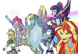 Size: 1118x767 | Tagged: safe, artist:elioo, imported from derpibooru, applejack, fluttershy, pinkie pie, rainbow dash, rarity, sci-twi, sunset shimmer, twilight sparkle, equestria girls, autobot, clash of hasbro's titans, confetti, crossover, cybertronian, determined, equestria bots, flying, humane five, humane seven, humane six, magic, open mouth, shield, simple background, smiling, species swap, speed trail, transformerfied, transformers, white background