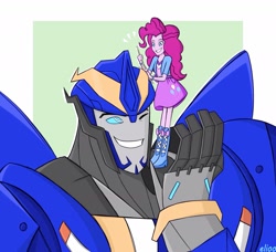 Size: 1991x1817 | Tagged: safe, artist:elioo, imported from derpibooru, pinkie pie, human, equestria girls, autobot, crossover, cybertronian, drumsticks, one eye closed, smiling, smokescreen, transformers, transformers prime