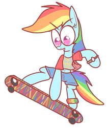 Size: 1167x1391 | Tagged: safe, artist:mr-degration, imported from derpibooru, rainbow dash, pegasus, pony, bipedal, clothes, female, palindrome get, shorts, simple background, skateboard, solo, tomboy, transparent background