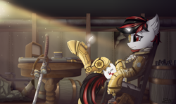 Size: 5450x3250 | Tagged: safe, artist:singovih, imported from derpibooru, oc, oc only, oc:blackjack, cyborg, pony, unicorn, fallout equestria, fallout equestria: project horizons, alcohol, amputee, apocalypse, augmented, barrel, chair, clothes, cyber eyes, cyber legs, ear fluff, fanfic, fanfic art, female, glasses, glowing horn, goggles, gun, high res, hooves, horn, katana, levitation, magic, mare, prosthesis, prosthetic leg, prosthetic limb, prosthetics, radio, room, shotgun, small horn, solo, steampunk, sword, table, telekinesis, weapon, whiskey