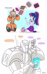 Size: 1333x2100 | Tagged: safe, artist:elioo, imported from derpibooru, sci-twi, spike, twilight sparkle, dog, human, equestria girls, autobot, book, crossover, cybertronian, datapad, doodle, female, fixit, geode of telekinesis, glasses, kneeling, levitation, magic, magical geodes, male, ratchet, speech bubble, telekinesis, transformers, transformers prime, transformers robots in disguise (2015)