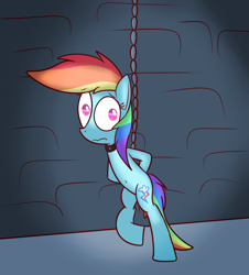 Size: 1280x1413 | Tagged: safe, artist:mr-degration, imported from derpibooru, rainbow dash, pegasus, pony, arm behind back, bipedal, bondage, chains, collar, female, rope, solo, tied up