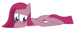 Size: 2761x1097 | Tagged: safe, artist:mr-degration, imported from derpibooru, pinkie pie, earth pony, pony, blushing, female, lying down, pinkamena diane pie, prone, simple background, solo, transparent background