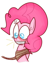 Size: 968x1166 | Tagged: safe, artist:mr-degration, imported from derpibooru, pinkie pie, earth pony, pony, blushing, bondage, female, gag, rope, rope bondage, simple background, solo, tape, tape gag, tied up, transparent background