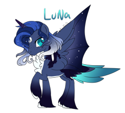 Size: 3112x2824 | Tagged: safe, artist:articfoxdraws, imported from derpibooru, princess luna, alicorn, bat pony, bat pony alicorn, pony, alternate hairstyle, bat ponified, bat wings, chest fluff, ethereal mane, female, freckles, horn, hybrid wings, lunabat, mare, markings, race swap, raised hoof, redesign, simple background, solo, st fluff, starry mane, transparent background, unshorn fetlocks, wings