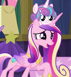 Size: 1140x1249 | Tagged: safe, imported from derpibooru, screencap, princess cadance, princess flurry heart, twilight sparkle, alicorn, pony, road to friendship, baby, baby pony, cropped, duo focus, female, flurry heart riding cadance, folded wings, mare, mother and child, mother and daughter, ponies riding ponies, pony hat, riding, stage, wings