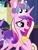 Size: 962x1269 | Tagged: safe, imported from derpibooru, screencap, princess cadance, princess flurry heart, twilight sparkle, alicorn, pony, road to friendship, baby, baby pony, cropped, duo focus, female, flurry heart riding cadance, folded wings, mare, mother and child, mother and daughter, ponies riding ponies, pony hat, riding, stage, wings