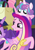 Size: 874x1249 | Tagged: safe, imported from derpibooru, screencap, princess cadance, princess flurry heart, twilight sparkle, alicorn, pony, road to friendship, baby, baby pony, cropped, duo focus, female, flurry heart riding cadance, folded wings, mare, mother and child, mother and daughter, ponies riding ponies, pony hat, riding, stage, wings